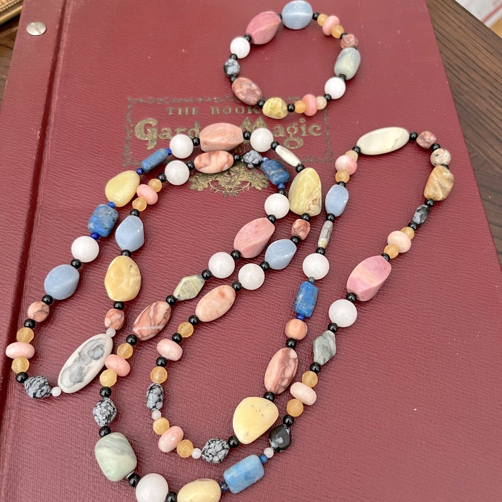 VTG Boho Semiprecious Polished Stone Beaded Costume Jewelry Necklace & Bracelet